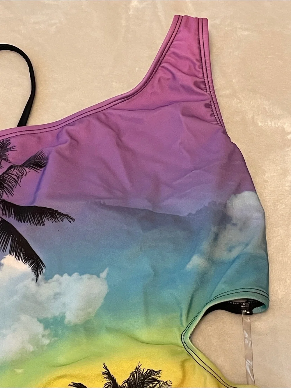 Justice Girls One-Piece Swimsuit - Rainbow Gradient with Black Palm Silhouettes